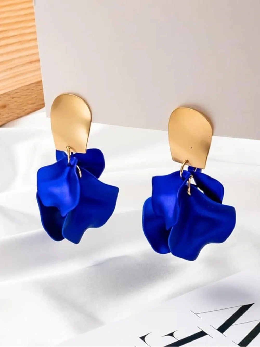 Zara Royal Blue Floral Drop Earrings with Gold Tops